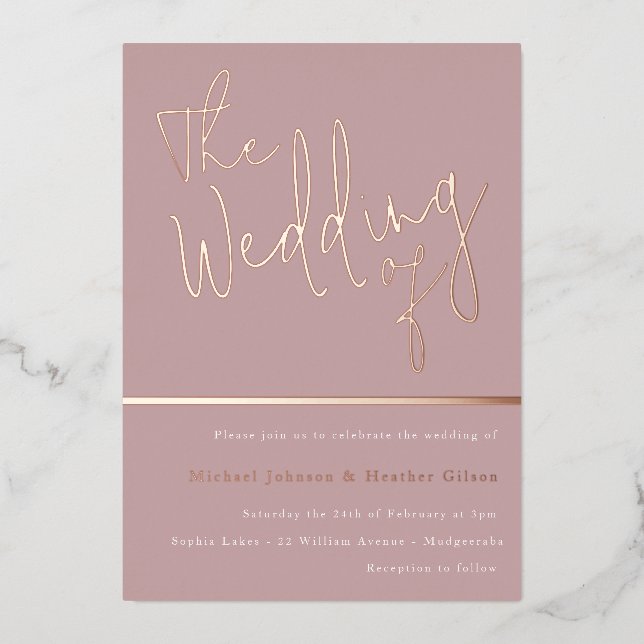 Die Hochzeit von: Dusty Rose Pink Rose Gold Folieneinladung (Vorderseite)