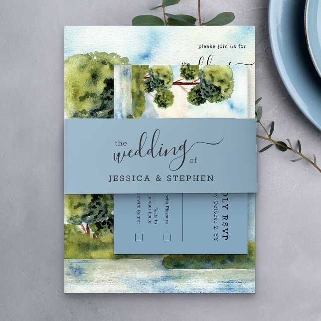 Die Hochzeit von elegantem Script Schlicht Blue Einladungsbanderole (Blue Wedding invitation belly band from my Lake Evergreen wedding collection)