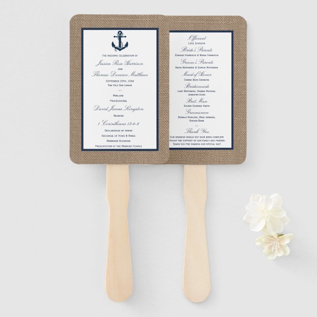 Die Hochzeitskollektion der Marine Anchor Burlap B Fächer (Vorne und Hinten)