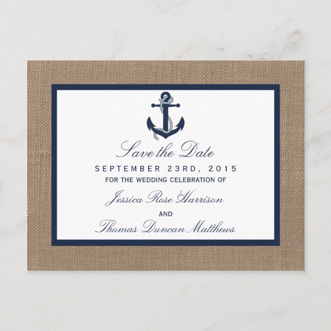 Die Hochzeitskollektion der Marine auf Burlap Beac Ankündigungspostkarte (Vorderseite)