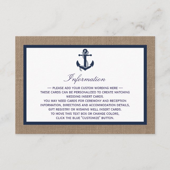 Die Hochzeitskollektion der Marine auf Burlap Beac Begleitkarte (Vorderseite)