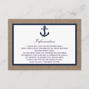 Die Hochzeitskollektion der Marine auf Burlap Beac Begleitkarte