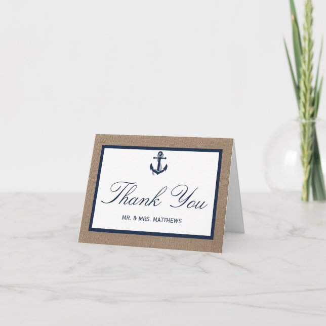 Die Hochzeitskollektion der Marine auf Burlap Beac Dankeskarte (Vorderseite)