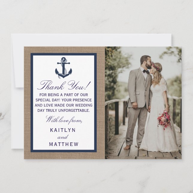 Die Hochzeitskollektion der Marine auf Burlap Beac Dankeskarte (Vorderseite)