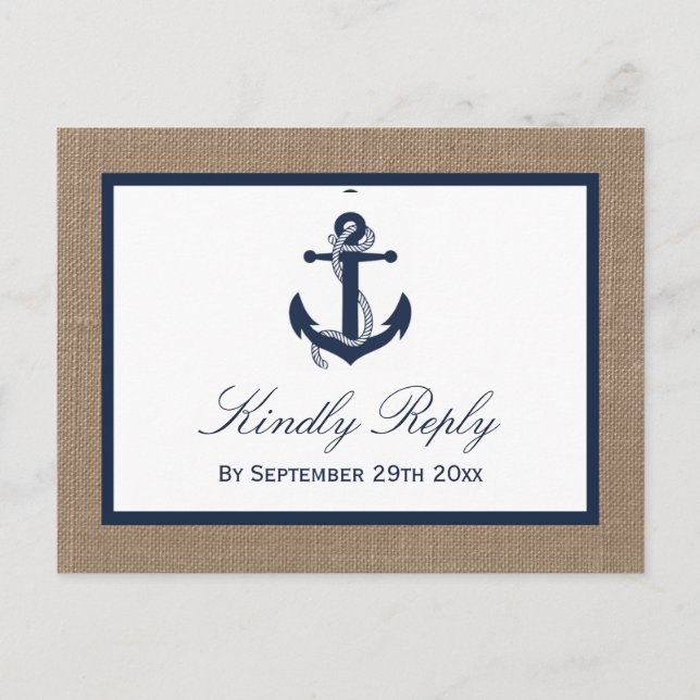 Die Hochzeitskollektion der Marine auf Burlap Beac Einladungspostkarte (Vorderseite)