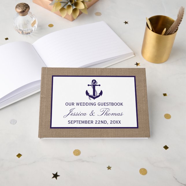 Die Hochzeitskollektion der Marine auf Burlap Beac Gästebuch (Vorderseite Offen)