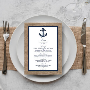 Die Hochzeitskollektion der Marine auf Burlap Beac Menükarte