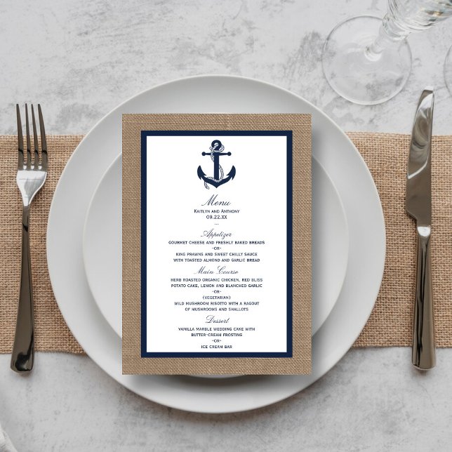 Die Hochzeitskollektion der Marine auf Burlap Beac Menükarte (Von Creator hochgeladen)