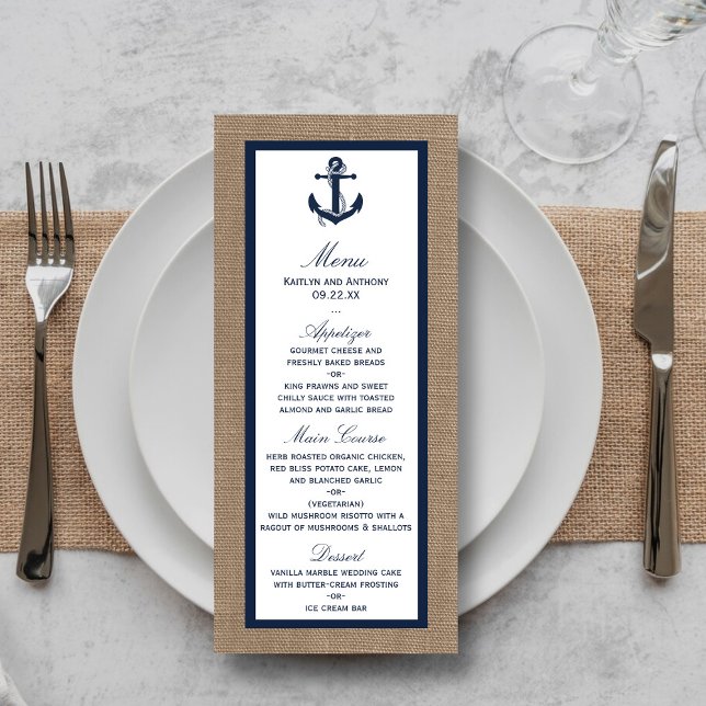 Die Hochzeitskollektion der Marine auf Burlap Beac Menükarte (Von Creator hochgeladen)