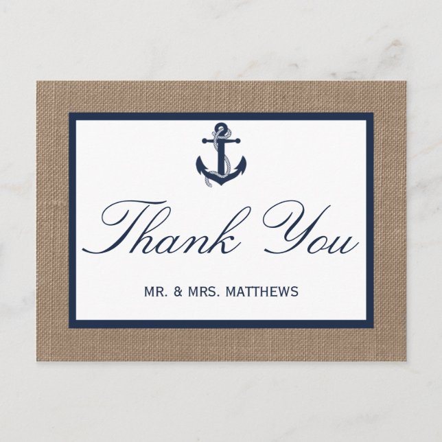 Die Hochzeitskollektion der Marine auf Burlap Beac Postkarte (Vorderseite)