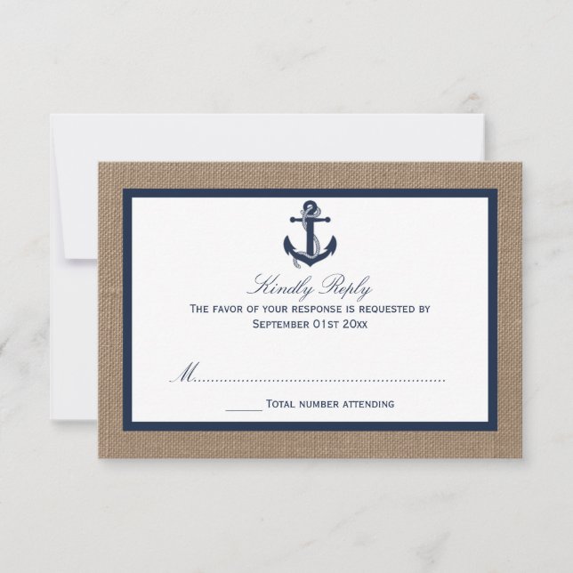 Die Hochzeitskollektion der Marine auf Burlap Beac RSVP Karte (Vorderseite)