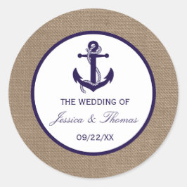 Die Hochzeitskollektion der Marine auf Burlap Beac Runder Aufkleber