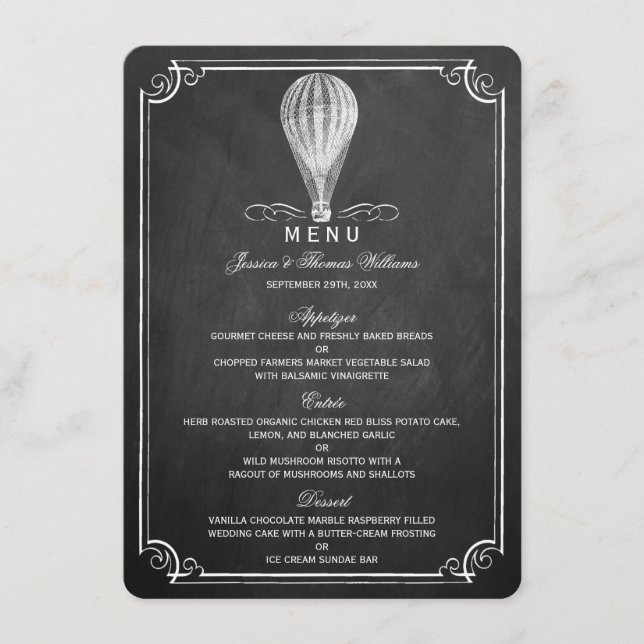 Die Hochzeitskollektion mit dem Chalkboard Hot Air Menükarte (Vorderseite)