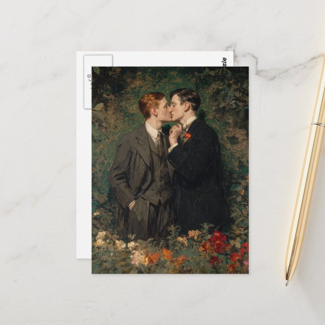 Die homosexuellen Männer, die im Garten küssen Postkarte (Vorderseite/Rückseite Beispiel)