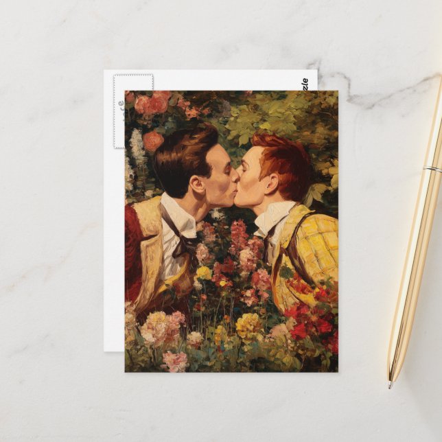 Die homosexuellen Männer küssen in einem Blumengar Postkarte (Vorderseite/Rückseite Beispiel)