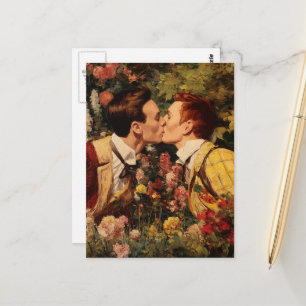 Die homosexuellen Männer küssen in einem Blumengar Postkarte
