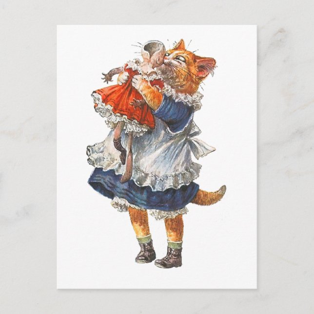 Die hübsche Katze umarmt ihre zerbrochene Puppe. Postkarte (Vorderseite)