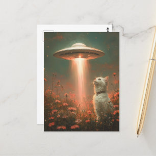 Die Hübsche weiße Katze und das UFO Postkarte