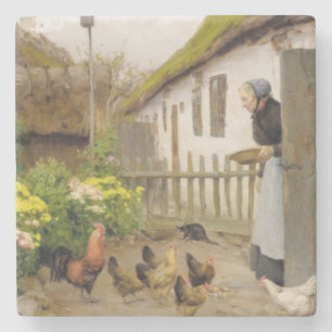 Die Hühner füttern (von H.A. Brendekilde) Steinuntersetzer