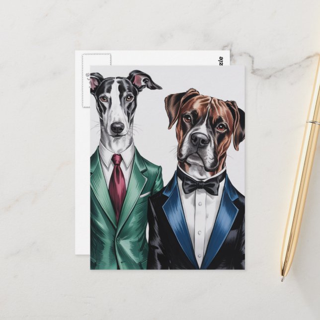 Die Hunde in geschäftlichen Anzügen Postkarte (Vorderseite/Rückseite Beispiel)