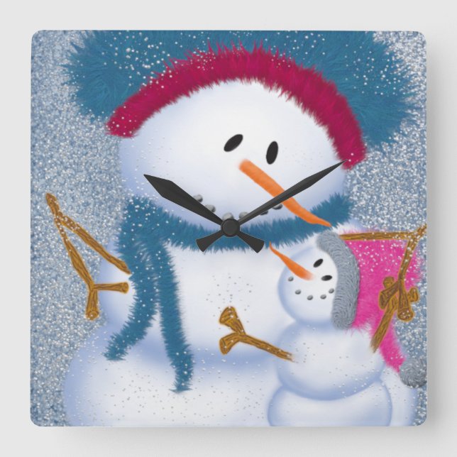 Die Illustration von SnowMomma und SnowGirl Quadratische Wanduhr (Vorderseite)