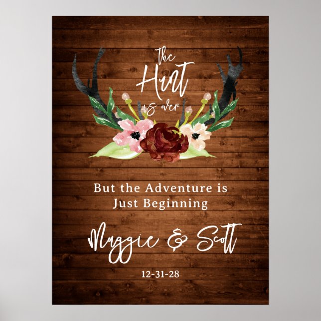 Die Jagd ist über die rustikale Antler Burgund Blu Poster (Vorne)