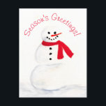 Die Jahreszeit Grüße Wasserfarbe Snowman Spaß Feiertagspostkarte<br><div class="desc">Auf dieser niedlichen Urlaubspostkarte befindet sich ein handgemalteter Wasserfarbenschneemann mit dem Titel "Die Grüße der Jahreszeit!" Die Rückseite hat Platz für Ihr Foto,  zusammen mit einer kurzen Nachricht und Signatur. Vergnügen sich,  um Feiertag zu jubeln dieses Weihnachtsfest.</div>