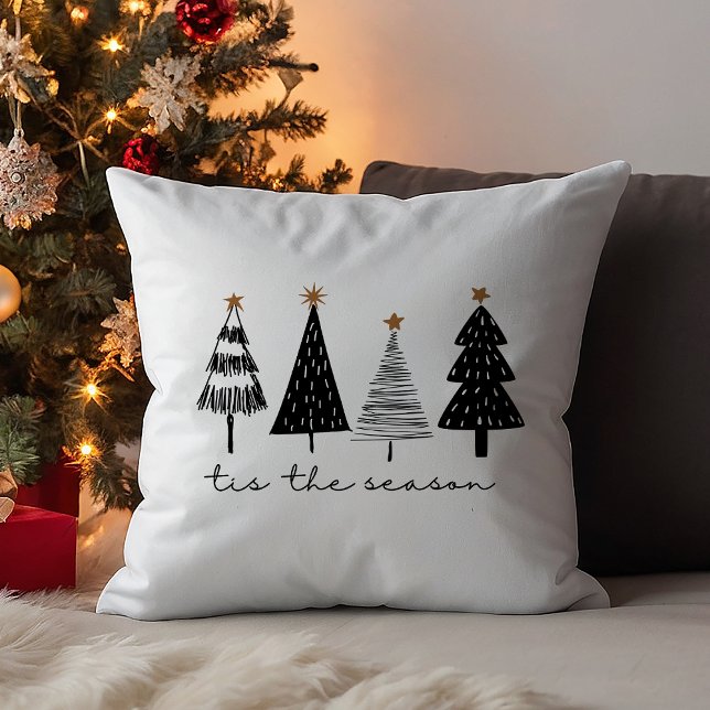 Die Jahreszeit | Moderne schwarze Weihnachtsbaumen Kissen (Von Creator hochgeladen)