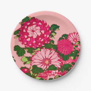 Die japanische Blume Border, Fuchsia und Korallenr Pappteller