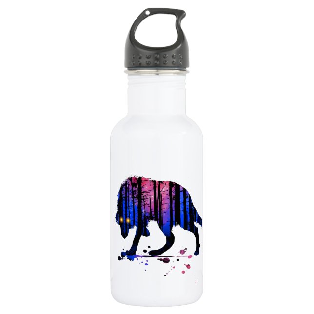 Die Jungen-Wolf-Galaxie-Stern-WaldSilhouette der Edelstahlflasche (Vorderseite)