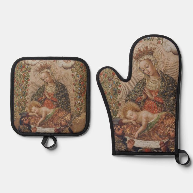 Die Jungfrau, die Christkind bewundert Ofenhandschuh & Topflappen-Set (Vorderseite)