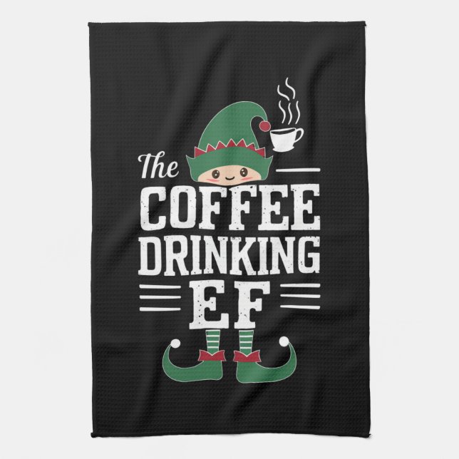 Die Kaffee trinkende Elf Familie passt Weihnachten Geschirrtuch (Vertikal)