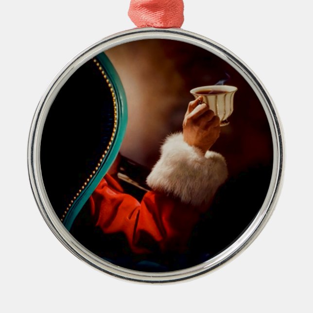 Die Kaffeepause des Weihnachtsmanns Vintag Silbernes Ornament (Vorne)