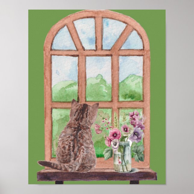 Die Katze an den Landschaftlichen Blume des Fenste Poster (Vorne)