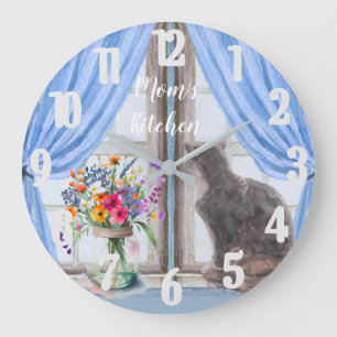 Die Katze an den Window Vase-Blume Große Wanduhr