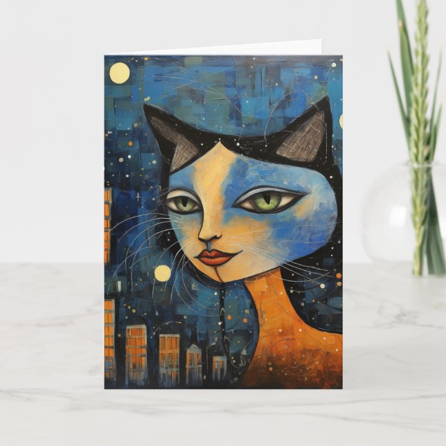 Die Katze bei Nacht in der Mixed Media Collage der Karte (Vorderseite)