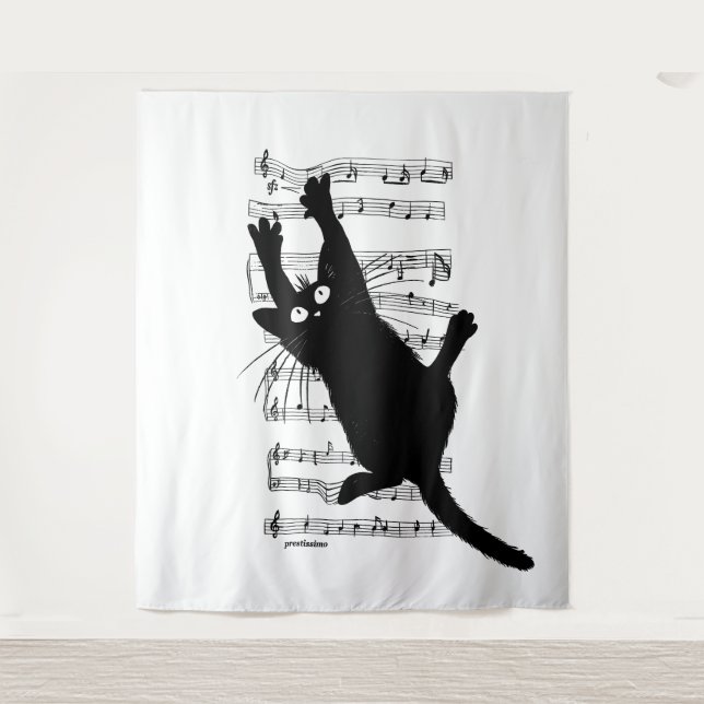 Die Katze hängt an Noten Wandteppich (Vorderseite)