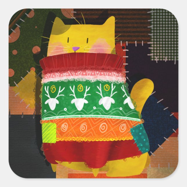 Die Katze im Ugly Sweater Quadratischer Aufkleber (Vorderseite)