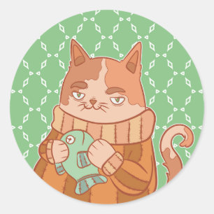 Die Katze und der Fisch Runder Aufkleber