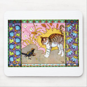 Die Katze und die Krähe Kunstwerk Mousepad