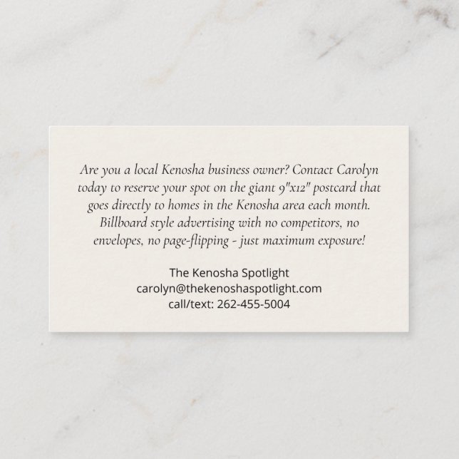 Die Kenosha Spotlight Business Card Visitenkarte (Rückseite)