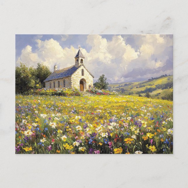 Die Kirche ist von Wildblumen umgeben Postkarte (Vorderseite)