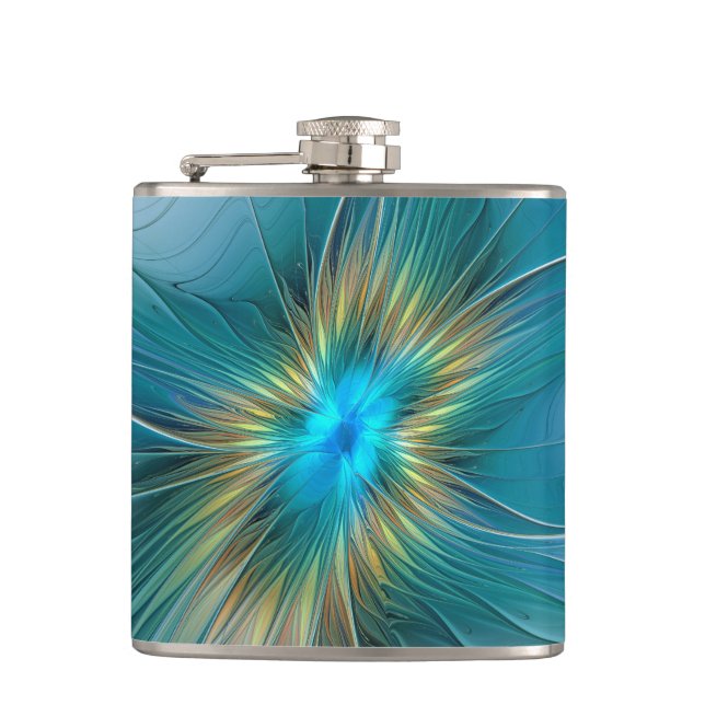 Die kleine Beauty Modern Blue Gold Fraktal Blume Flachmann (Vorderseite)