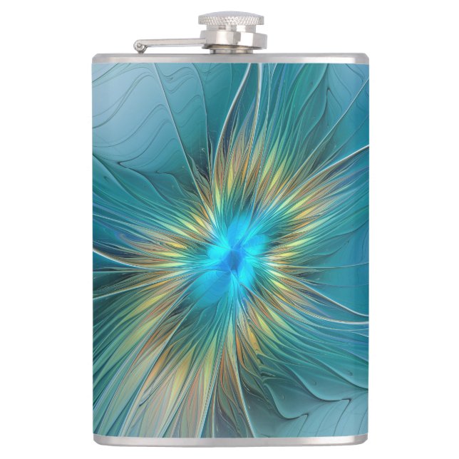 Die kleine Beauty Modern Blue Gold Fraktal Blume Flachmann (Vorderseite)
