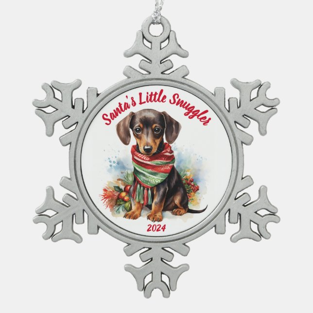 Die kleine Snuggler-Dackel des Weihnachtsmanns: Aq Schneeflocken Zinn-Ornament (Vorderseite)