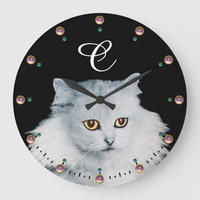 DIE KÖNIGIN DER WEISSEN KATZEN-MONOGRAMM, rosa Mau Große Wanduhr (Vorderseite)