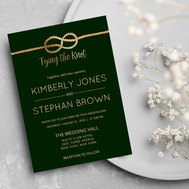 Die Kopplung der Mod Forest Green Gold-Hochzeit de Einladung (Tying the Knot Quote Mod Forest Green Gold Wedding )