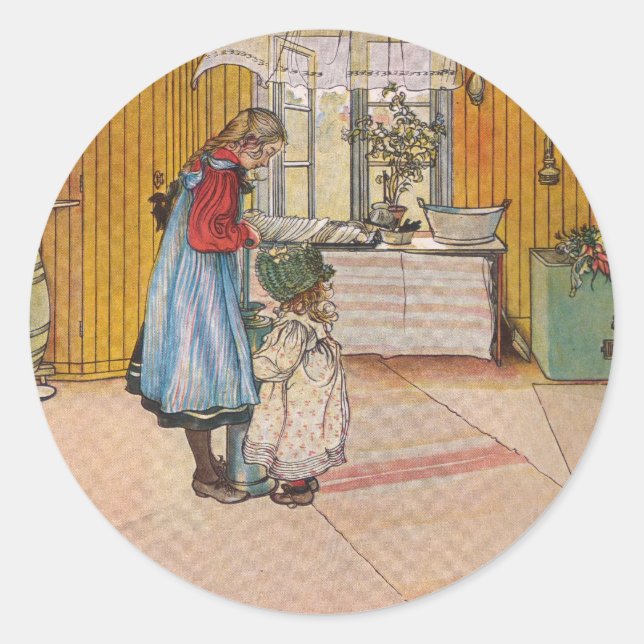 Die Küche durch Carl Larsson-Schwede-Künstler Runder Aufkleber (Vorderseite)
