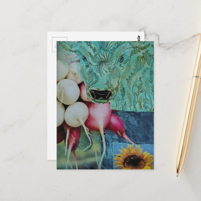 Die Kuh-und-Rettich-Collage Postkarte (Vorderseite/Rückseite Beispiel)
