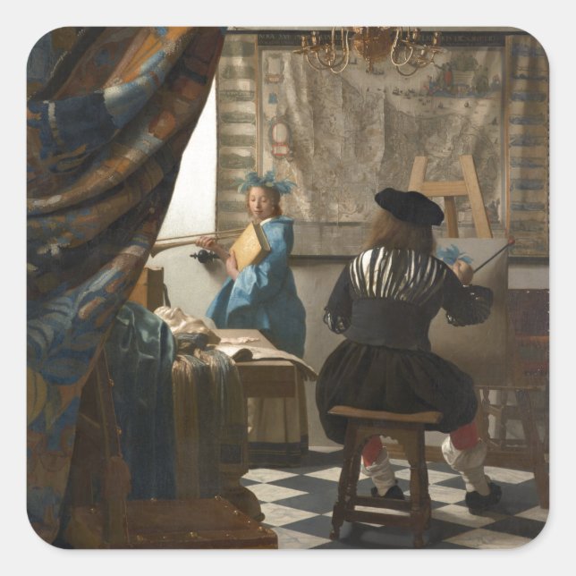 Die Kunst der Malerei von Johannes Vermeer Quadratischer Aufkleber (Vorderseite)